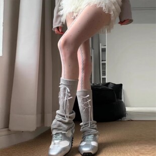 芭蕾风蝴蝶结堆堆袜灰色小腿袜子miu系袜套薄款 白色长筒袜腿套y2k