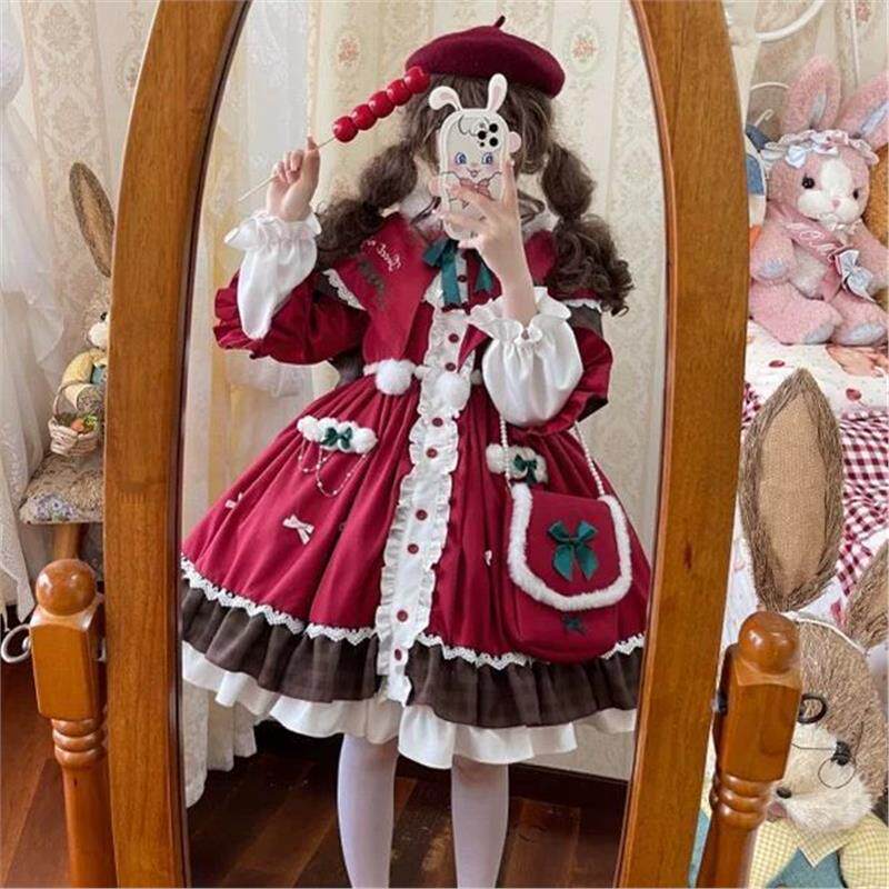 喵呜巫原创【蔷薇】冬季圣诞Lolita新年洋装红色洛丽塔斗篷连衣裙