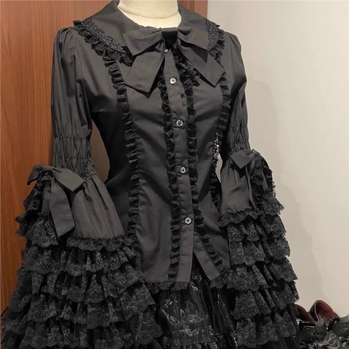 黑色蕾丝doll感原创lolita姬袖洛丽塔衬衫内搭姬袖衬衫内搭外穿