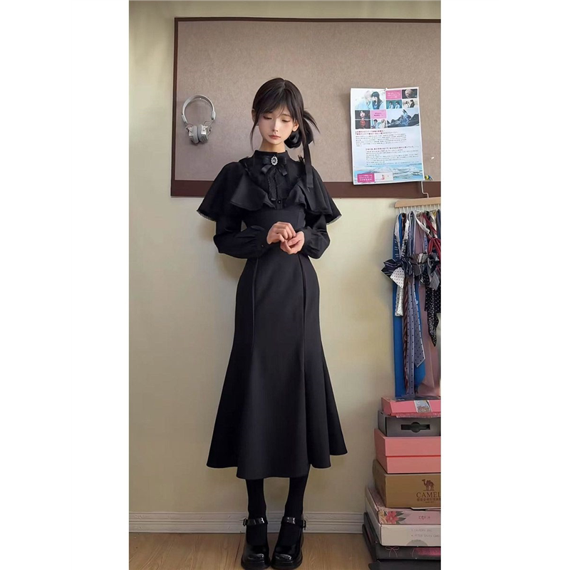 日系复古甜美气质Lolita长袖连衣裙女新品法式收腰轻鱼尾显瘦长裙