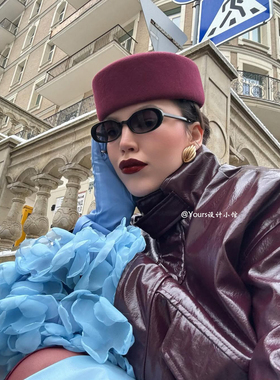 法式复古酒红药盒帽Pillbox Hat空姐帽女秋冬显脸小百搭网红帽子