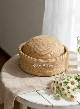 法式高级感复古拉菲草草帽 Pillbox Hat药盒帽时尚百搭优雅圆顶帽