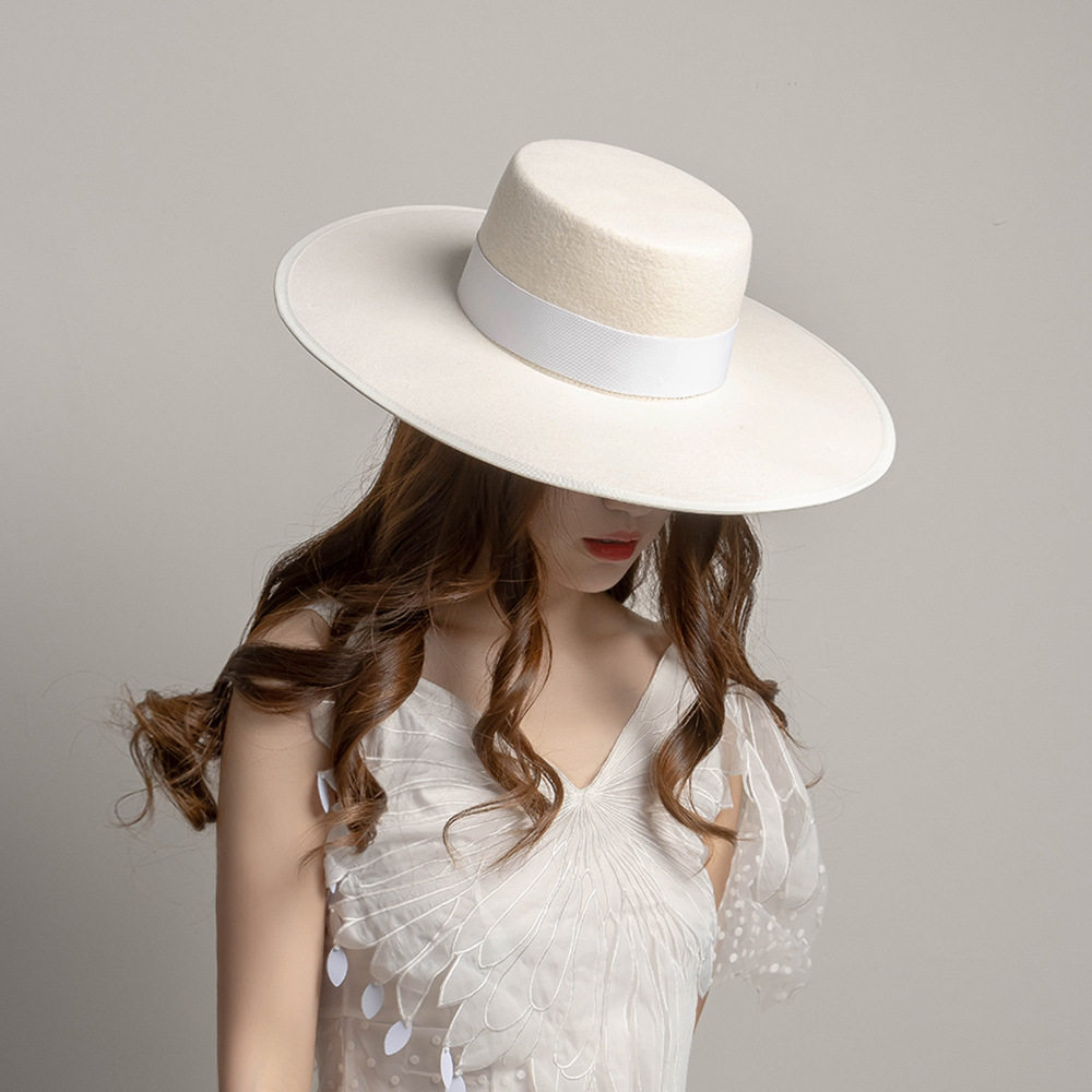 高顶新款遮阳显脸小帽子防紫外线防风平顶平沿宽檐羊毛毡凹造型