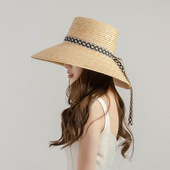 大檐遮阳时尚 欧美蕾丝飘带装 饰平顶大檐麦秆草帽户外海边度假草帽