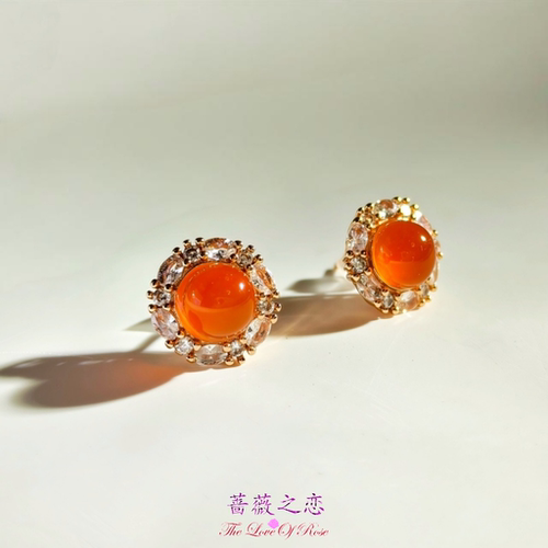 天然南红玛瑙S925银镀金耳钉