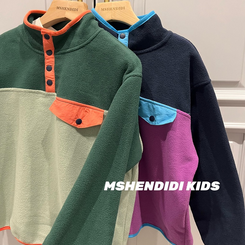漂亮滴拼色半高领加绒卫衣中大童保暖撞色拼接儿童半拉链套头外套