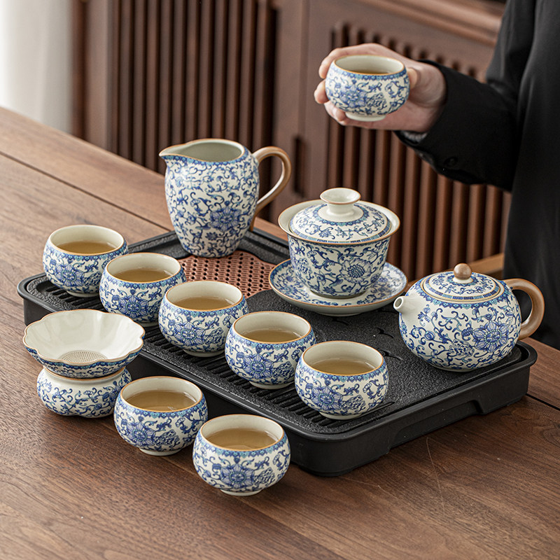 汝窑青花瓷功夫茶具套装家用喝茶茶盘泡茶专用陶瓷茶壶中式禅定杯