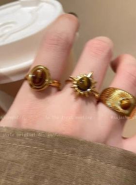 金色太阳花虎眼石戒指女2025新款