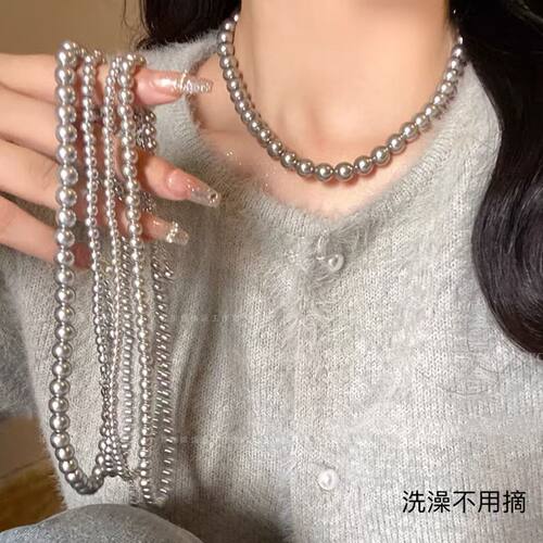 法式复古灰珍珠项链女极简轻奢风