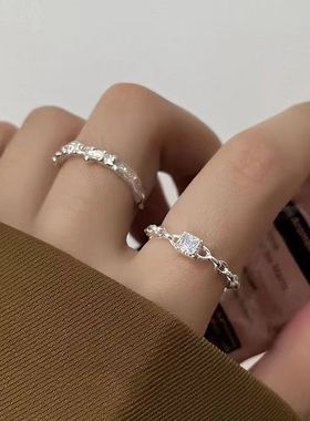 闪亮小方钻锡纹戒指女轻奢小众