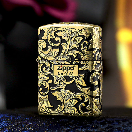 zippo黑金唐草黄铜盔甲打火机