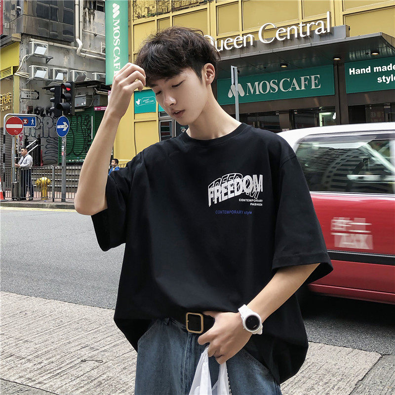 潮男短袖潮牌宽松港风t恤ins潮流百搭男生上衣服夏季体桖半袖五分