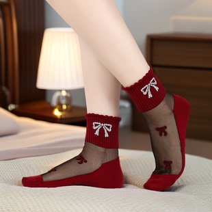 袜子女款纯中筒棉底水晶丝耐磨防勾丝春秋款玻璃丝蝴蝶结吸汗防滑