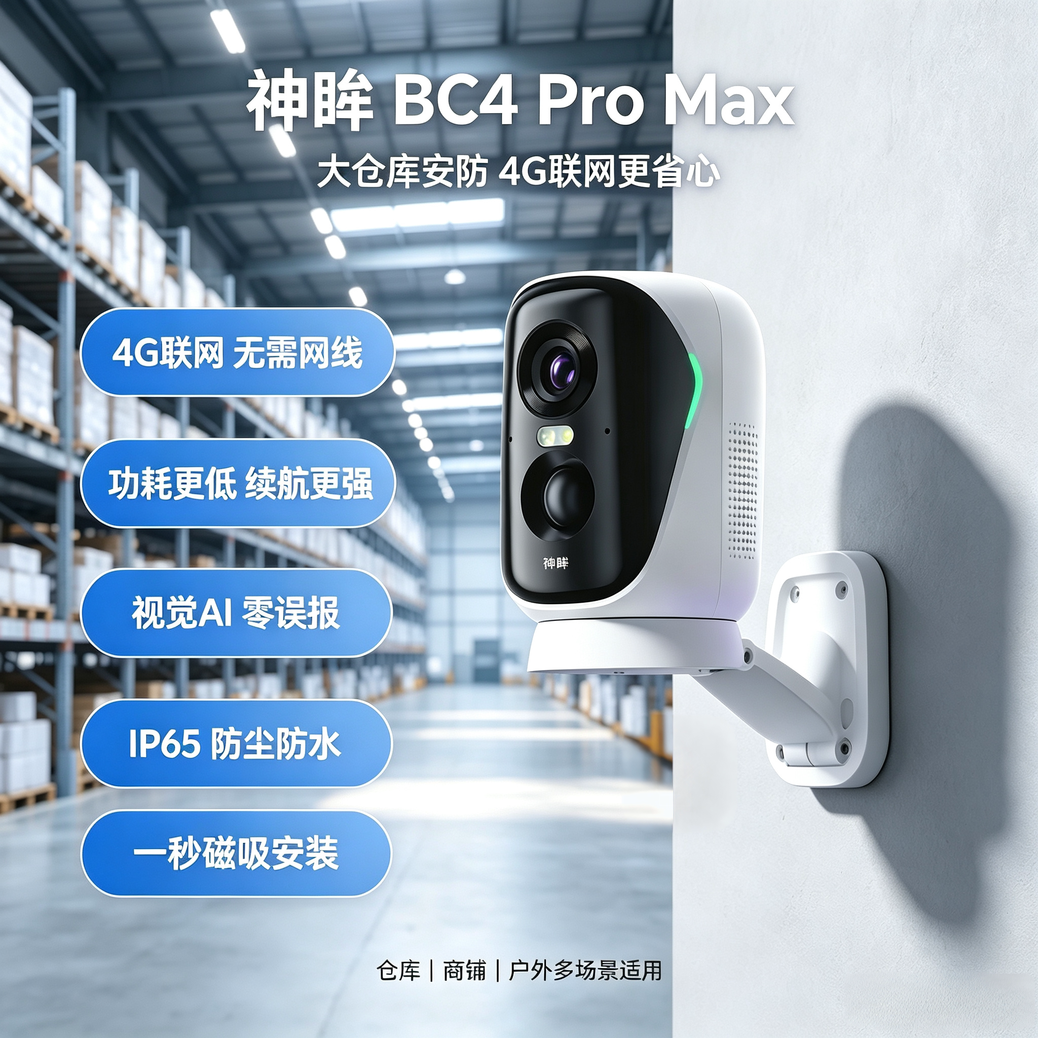 神眸BC4ProMax监控摄像头 4G终免 360度云台  家庭商超厂房仓库