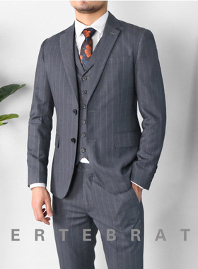 脊椎动物男装韩版商务绅士条纹西装职业装英伦蓝灰暗条西服19027
