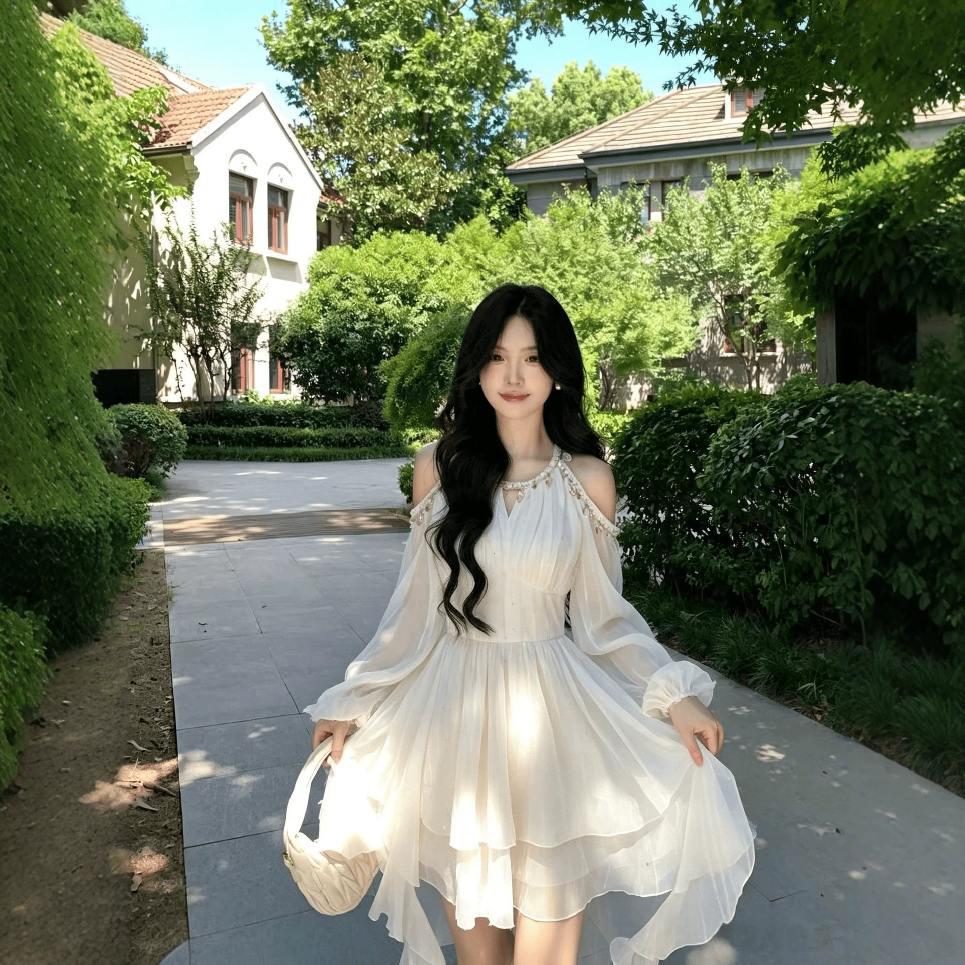 白色春秋款超仙内搭裙露肩亮片收腰甜美复古气质甜妹款长袖连衣裙