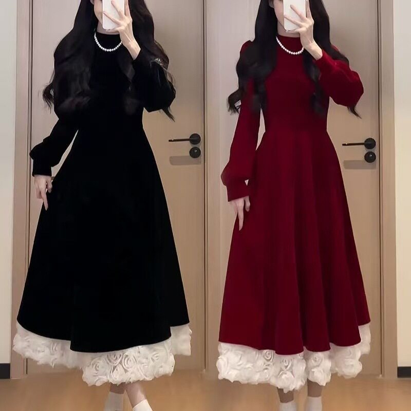 高级感闺蜜装丝绒收腰连衣裙女2026年秋季圣诞服甜美红色减龄长裙