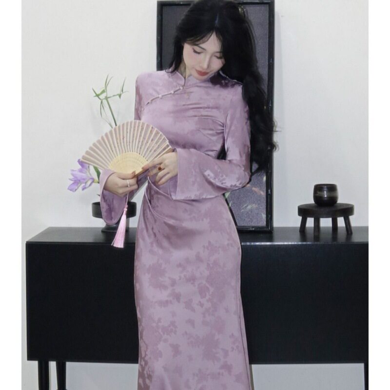 新中式女装2025春款改良旗袍高端精致气质名媛国风紫色盘扣连衣裙