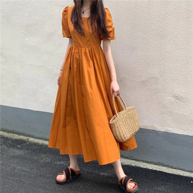夏季韩版2026新款收腰显瘦中长款小心机法式桔梗裙短袖连衣裙子女