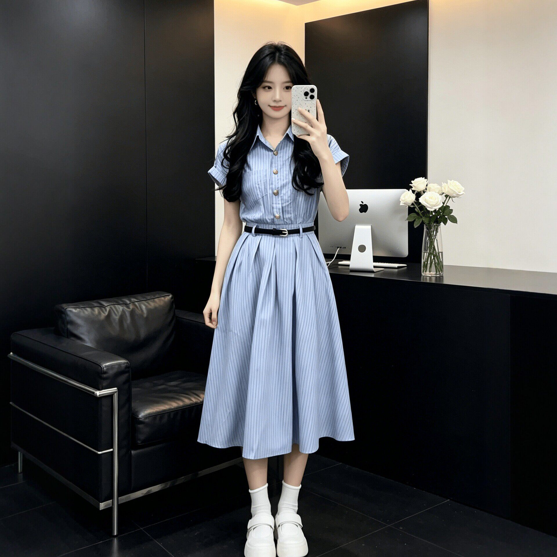 韩系条纹衬衫连衣裙女夏季新款收腰长裙显瘦气质法式蓝色中长裙子
