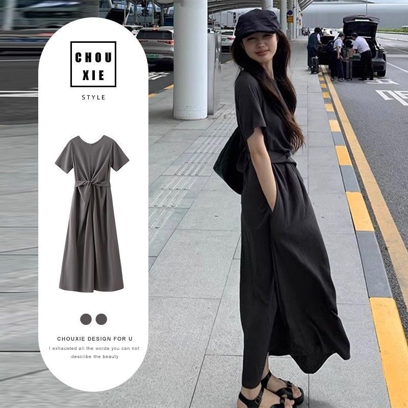 小众设计交叉绑带短袖连衣裙夏季女气质高级感收腰显瘦纯色长裙子