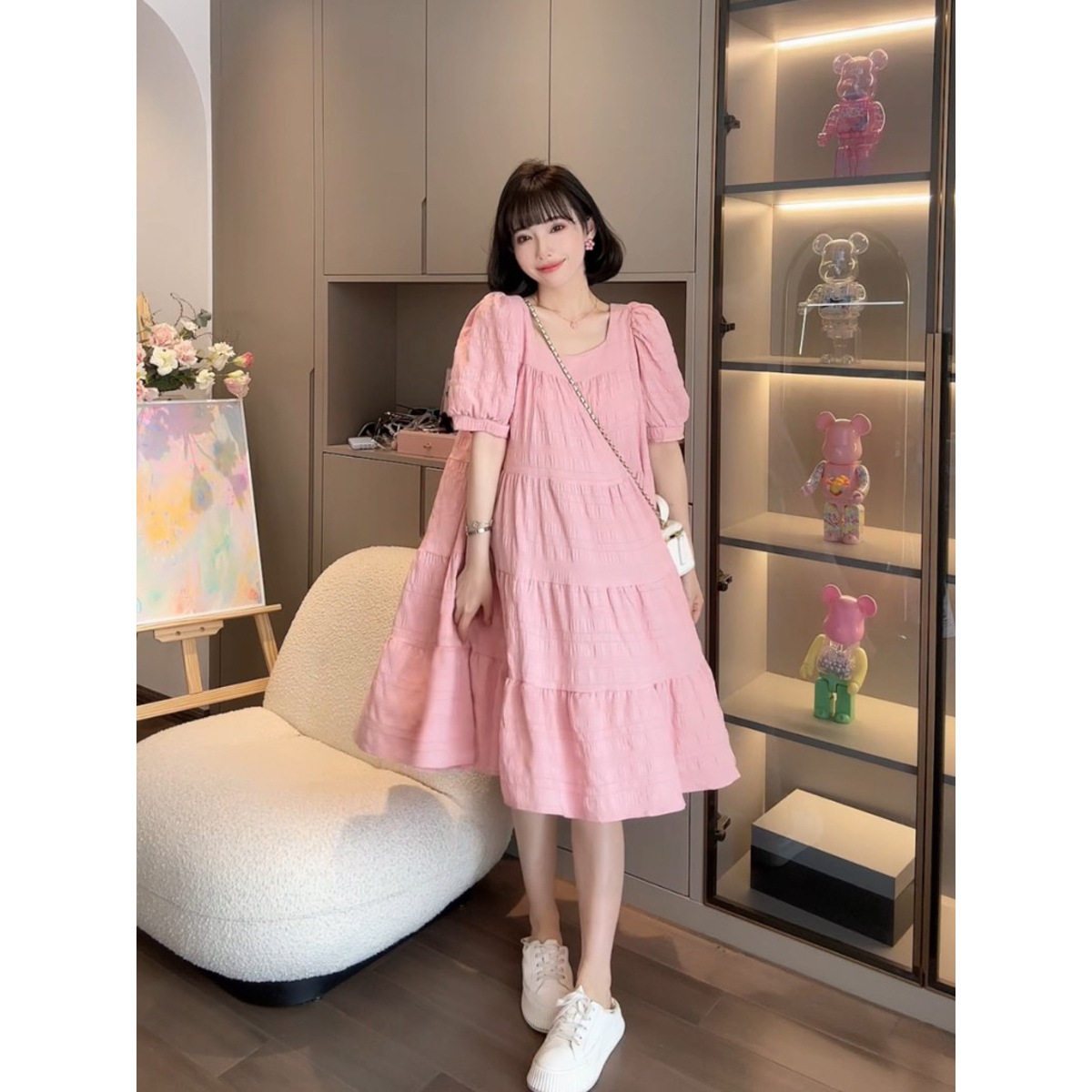 孕妇夏装连衣裙韩版甜美宽松遮肚大码短袖纯色裙中长款小个子潮妈