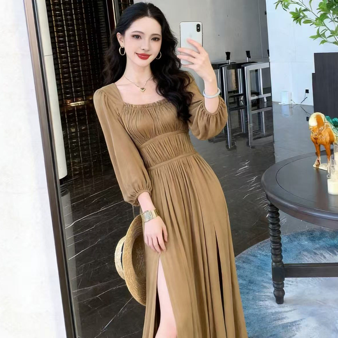 温柔风显气质七分袖连衣裙女装秋季新款设计感修身开叉纯色中长裙