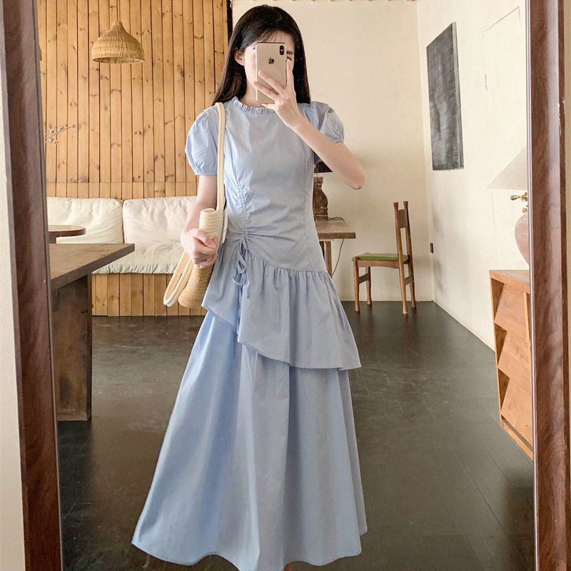 法式蓝色设计感连衣裙子女2026夏季新款泡泡袖小众气质高级感长裙
