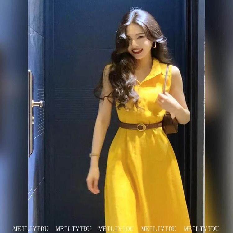 2025年夏季法式黄色Polo领无袖衬衫黄色连衣裙时尚气质收腰长裙