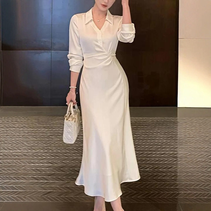 鱼尾衬衫连衣裙子女春秋冬季2026新款温柔大方垂坠感长裙打底法式