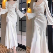 法式 白色缎面宴会服装 长袖 鱼尾优雅连衣裙主持人礼服显高显瘦时尚