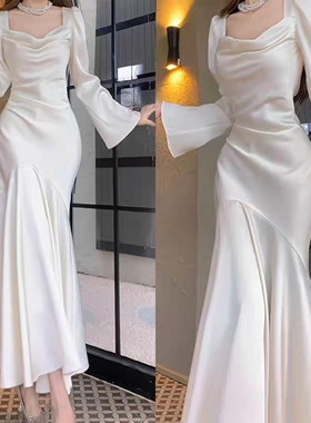 法式长袖鱼尾优雅连衣裙主持人礼服显高显瘦时尚白色缎面宴会服装