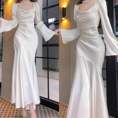 法式长袖鱼尾优雅连衣裙包臀气质