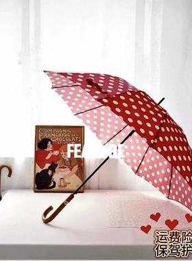 2024红色波点雨伞复古长柄小众12骨弯柄实木自动晴雨女士高颜值伞