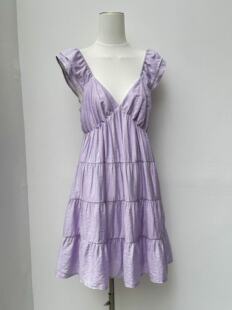 淡紫色荷叶边连衣裙女夏新款 蛋糕裙露背长裙 浪漫度假深V领飞飞袖