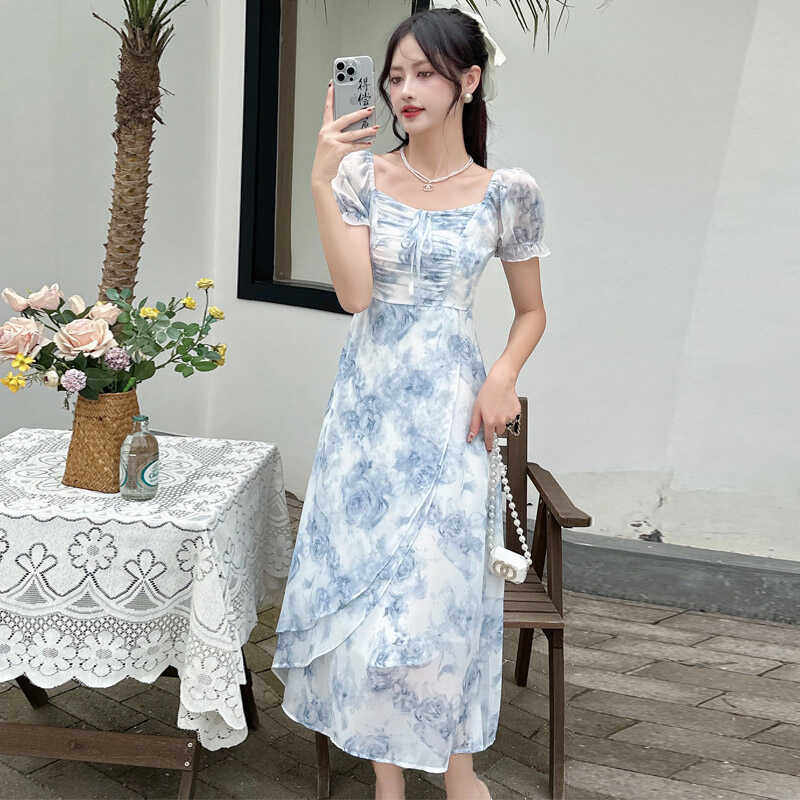 泡泡袖夏季雪纺森系不对称连衣裙