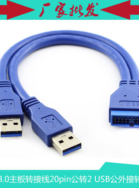 USB 3.0主板转接线 20pin公转2 port USB 公外接拓展转接线