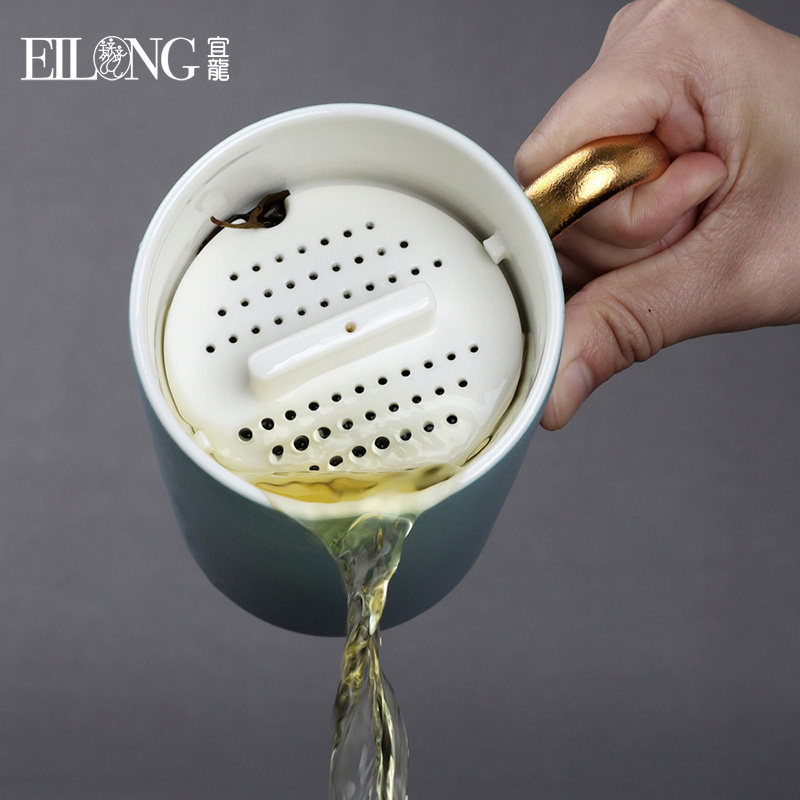 台湾宜龙茶具陶瓷办公金典马克杯滤茶杯茶水分离带盖茶隔手柄时尚