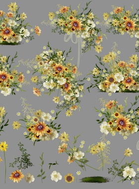 黄色向日葵花艺ipad手绘小众野生婚礼PSD效果图分层免扣PNG素材