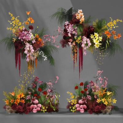 新品红绿色新中式花艺造型ipad手绘婚礼PSD效果图分层免扣PNG素材