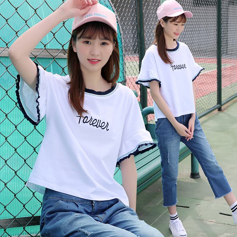 13初中生运动套装少女夏季两件套韩版高中学生时尚短袖T恤牛仔裤