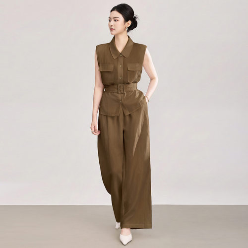 2603301-天丝亚麻老钱风腰带无袖衬衫+高腰阔腿裤套装女夏南油款
