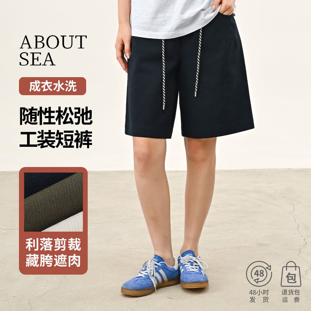 ABOUTSEA女士夏季五分裤外置抽绳松紧腰古铜铆钉a字纯棉工装短裤