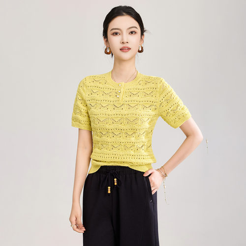 2603709-12针立体挑孔移针挑孔精梳棉法式镂空针织衫女夏新款上装