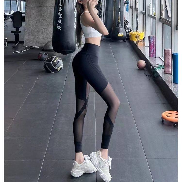 健身裤女性感紧身身高腰提臀运动裤女跑步网纱瑜伽裤训练裤速干裤