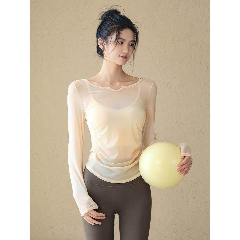 健身罩衫性感网纱微透瑜伽服长袖收褶高弹透气普拉提速干运动t恤,运动服/休闲服装,健身衣,淘宝优惠券,粉丝福利购,淘宝优惠卷