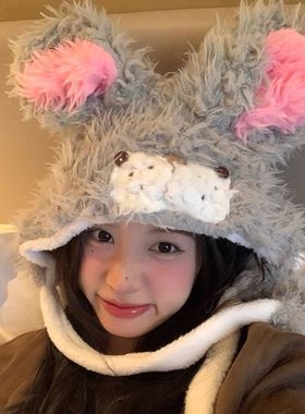毛绒兔耳朵包头帽ins新款保暖防冻雷锋帽大头围卡通可爱护耳帽女