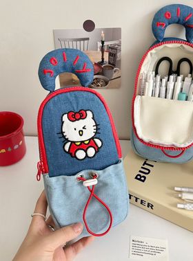 原创ins风卡通猫咪牛仔笔袋高中学生大容量手提文具盒可站立文具