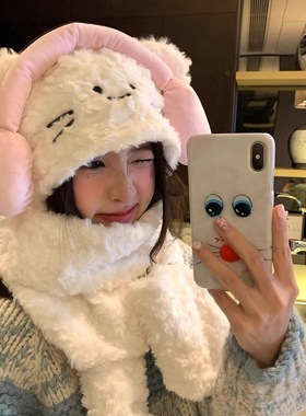 Biuiu~护耳围脖帽子手套一体冬季毛绒保暖百搭可爱猫咪连帽围巾