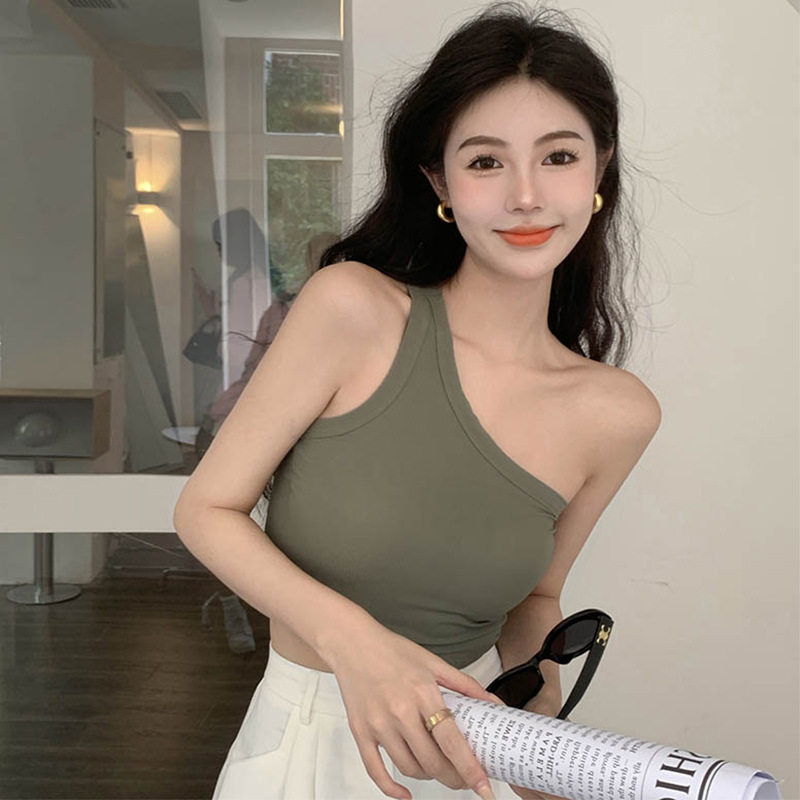 不规则带胸垫斜肩吊带背心女外穿百搭夏季露脐短款上衣单肩打底衫